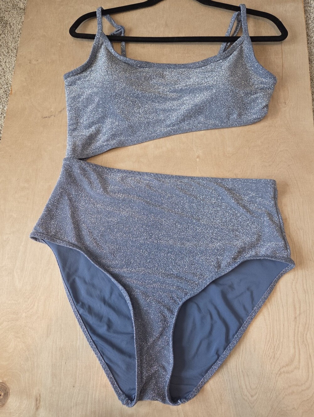 aerie Asymmetrical Cut Out Shimmer Silver Bathing Suit